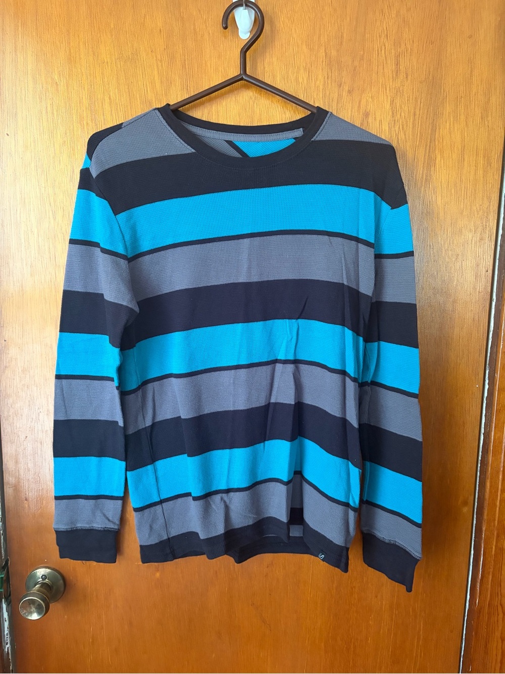 Blue, Gray and Black Striped Long Sleeve Sweater
